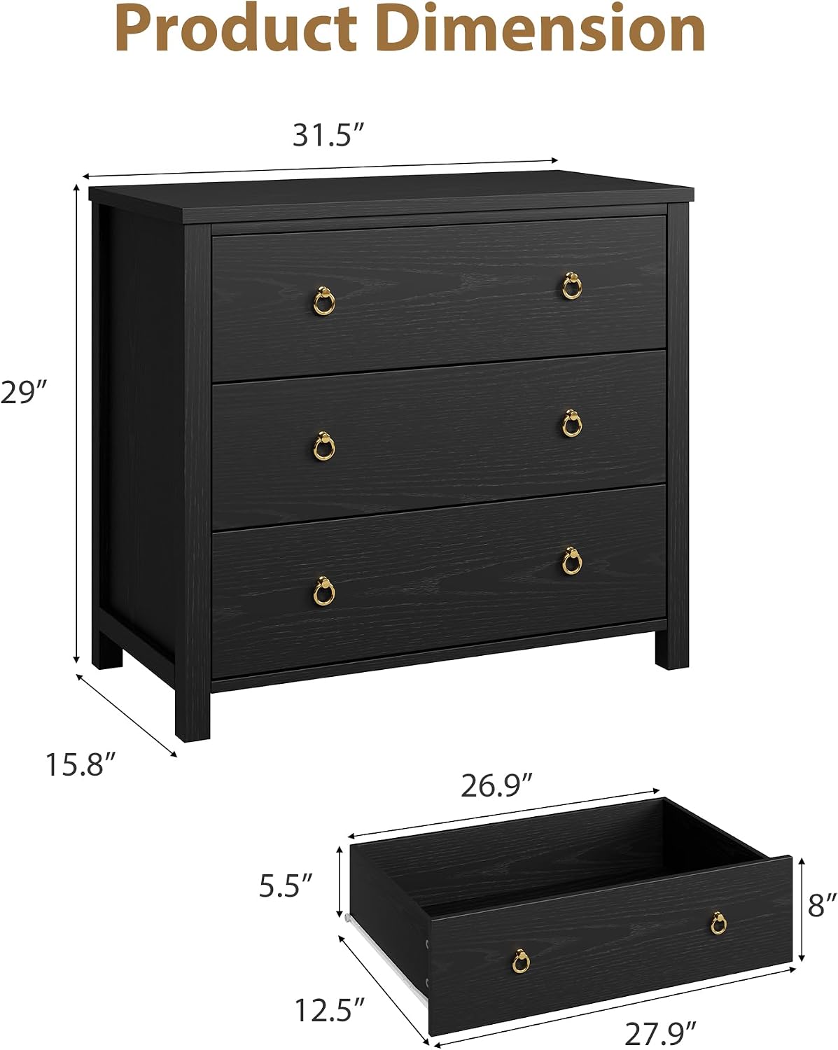 IDEALHOUSE 3 Drawer Dresser for Bedroom, 29' Tall Chest of Drawers, Wood Dresser for Closet, Clothes Storage Cabinet & Drawer Organizer for Living Room, Hallway, Entryway, Black