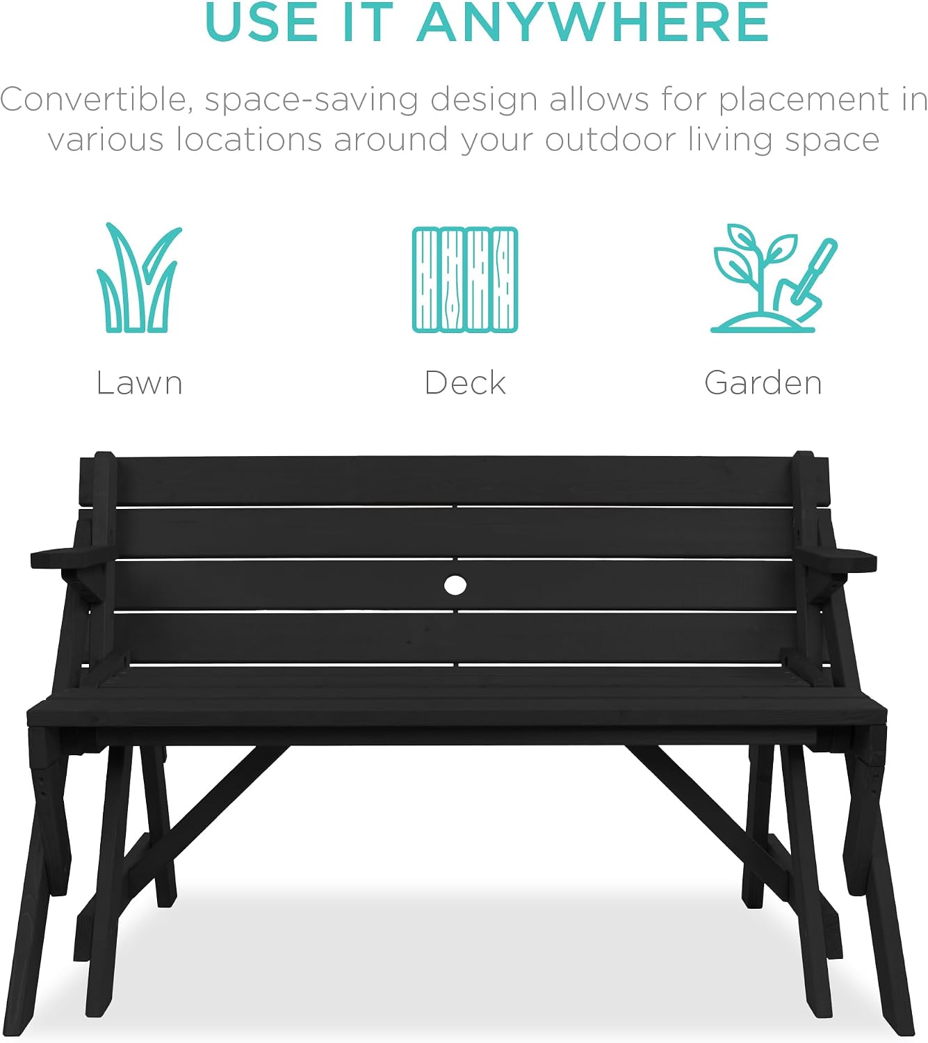 Best Choice Products 2-in-1 Transforming Interchangeable Outdoor Wooden Picnic Table Garden Bench for Backyard, Porch, Patio, Deck w/Umbrella Hole - Black