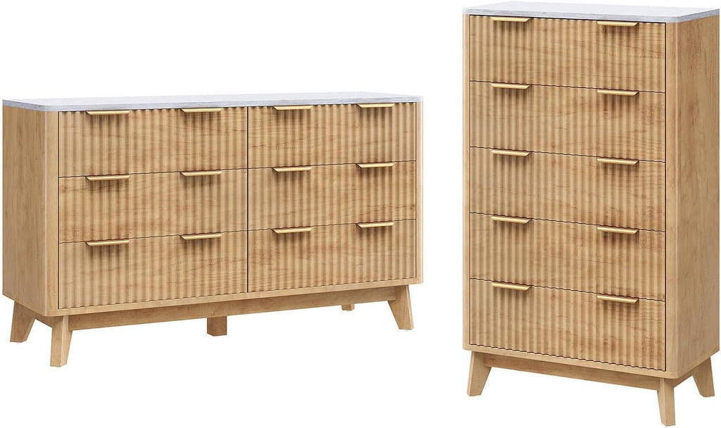 AMERLIFE 2 Piece Bedroom Set, Including Fluted 6 Drawers Dresser with Faux Marble Top, 48' Tall Modern 5 Chest of Drawers for Bedroom, Living Room, Hallway, Entryway, Natural Oak