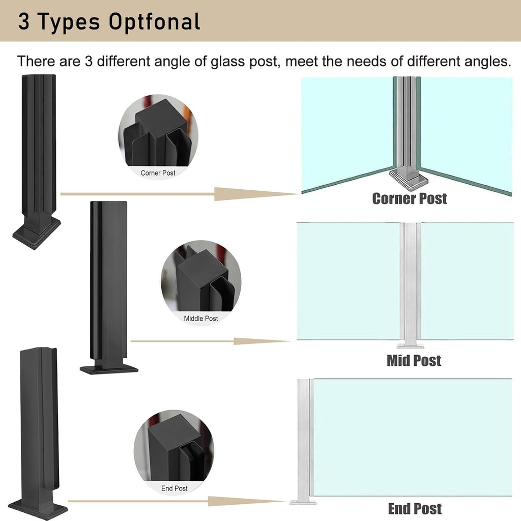 Heavy Duty Glass Railing Post Kit, Glass Black Railing Post for Stairs Villa House Gazebo Porch, Square Glass Balustrade Post with Bolt(Black Corner Post,60cm/23.5in)