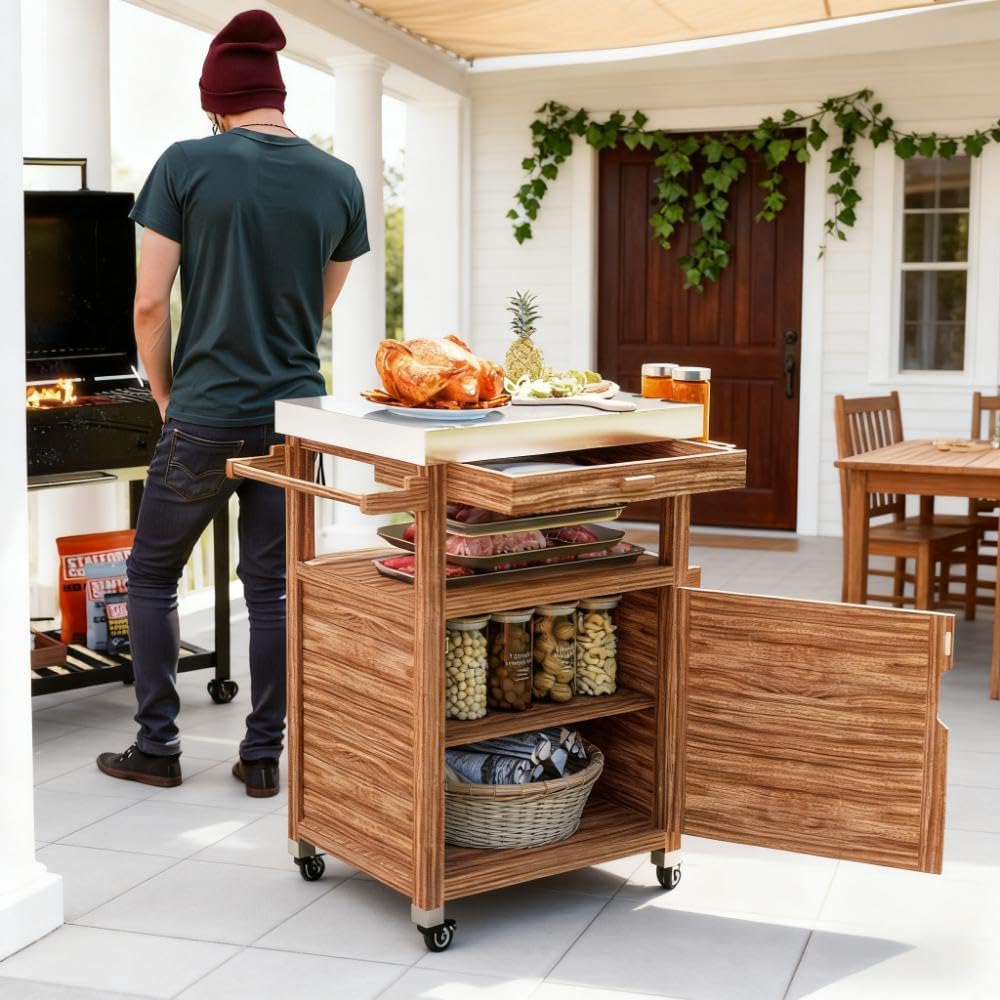 Outdoor Kitchen Island with Wheels, Solid Wood Outdoor Grill Table Cart with Stainless Steel Top, Storage Cabinet and Drawer, Food Prep Table with Side Handle for BBQ, Patio, Kitchen, Brown