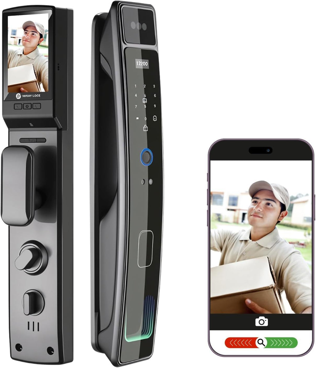 Smart Door Lock with Camera & 3D Face Recognition, Keyless Entry Door Lock with Fingerprint, Password, IC Card, App Control & Doorbell, Secure Mortise Lock for Front Door (Usmart App)