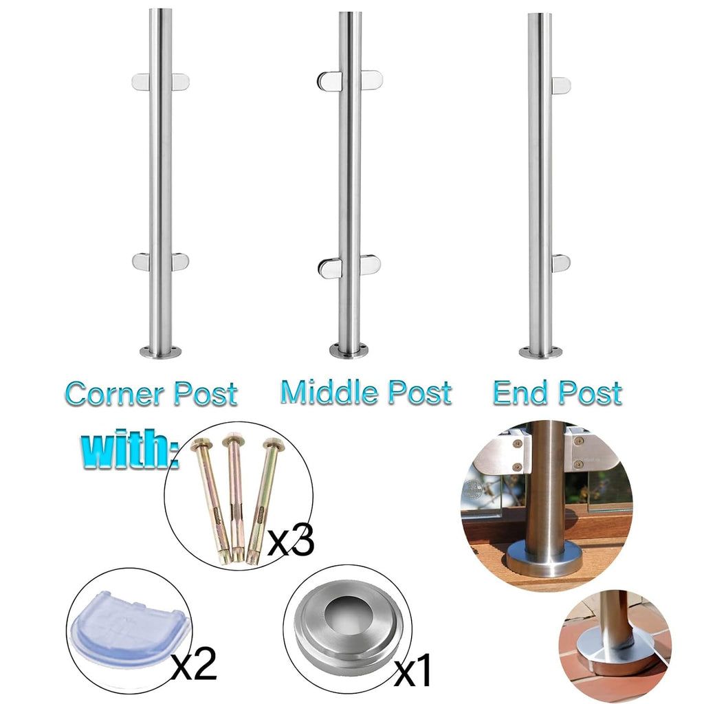 Glass Banister Round Standoff Clamp, Stainless Steel Black Stair Balustrade Post for 3/8'-1/2' Glass Panels, Terrace Decking Hotel Guardrail System(Middle Post,65cm/25.5in)