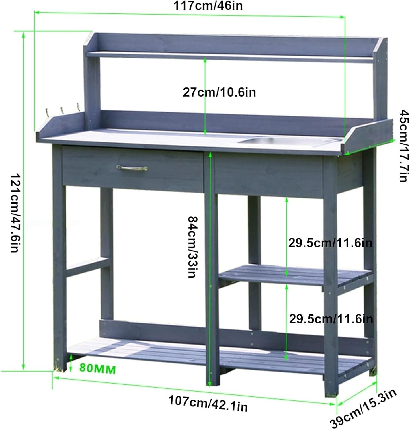 Potting Bench Table,Garden Potting Table, Potting Bench Garden Table Outdoor Garden Work Station with Removable Stainless Sink Planting Work Bench with Storage Shelves and Drawer, Green