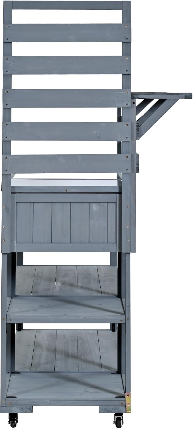 62.3'' Patio Kitchen Island Cart with Stainless Table Top,Solid Wood Garden Potting Bench with Raised Shelf and Drawers, Grill Prep Table for BBQ, Party (Gray-E)