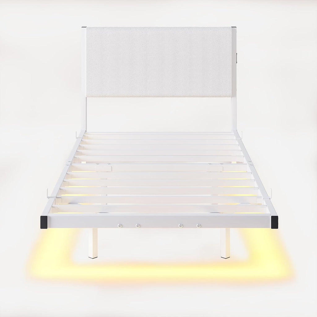Twin Floating Bed Frame with Headboard,Twin Size Floating Bed Frame with LED Lights & USB Charging Station,Metal Platform Bed with Strong Slats Support,No Box Spring Needed,Easy Assembly,White