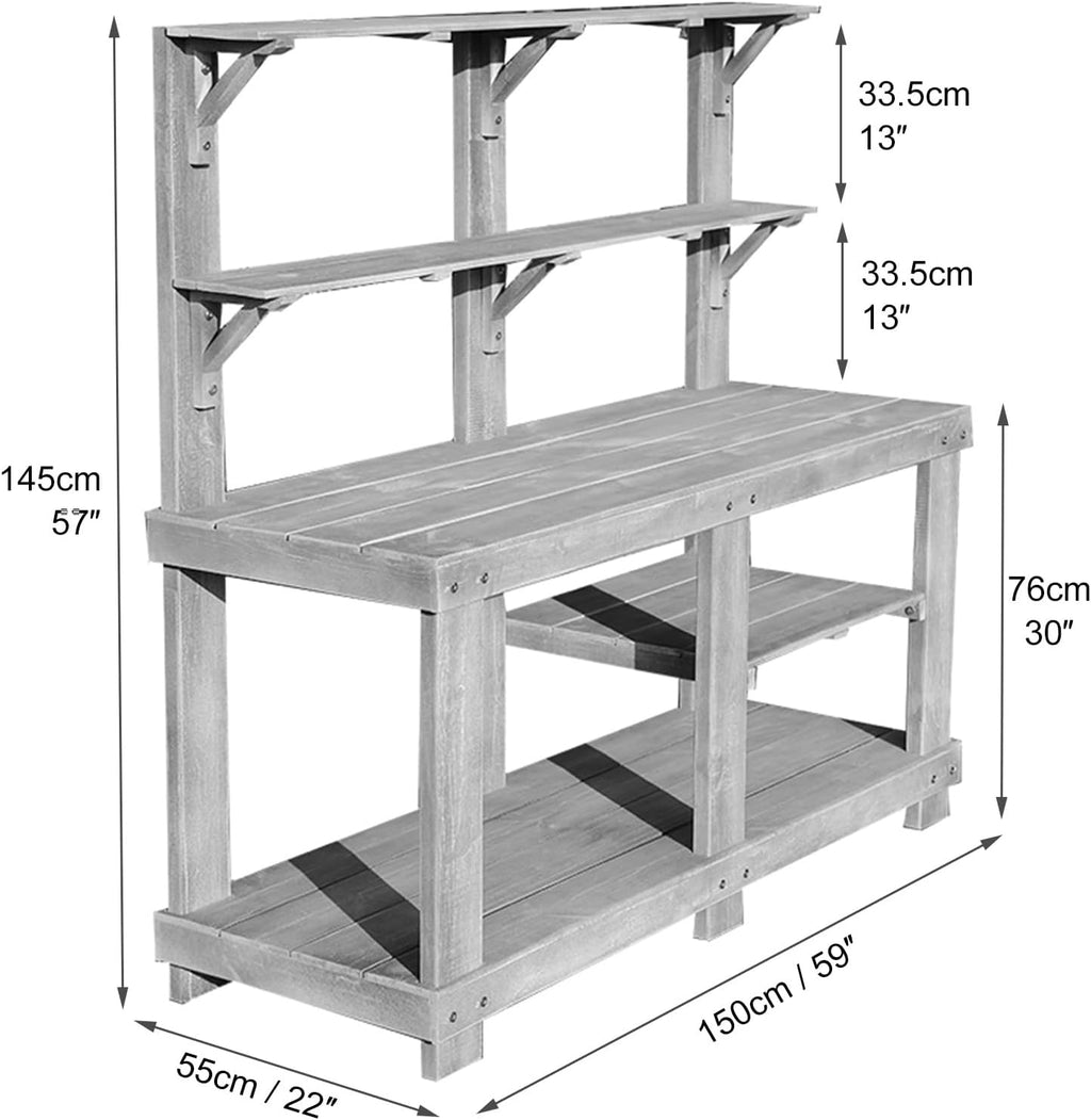 Outdoor Potting Bench Table, Large Horticulture Work Table with Storage Shelf, Wooden Potting Table for Garden Patio Backyard (Color : Gris)