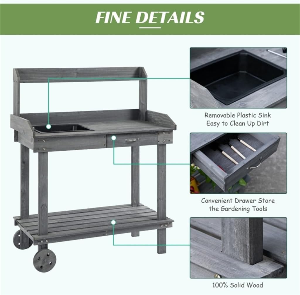 36'' Wooden Potting Bench Work Table W/ 2 Removable Wheels,Sink,Drawer Large Storage Spaces,for Outdoor Backyard Gardens