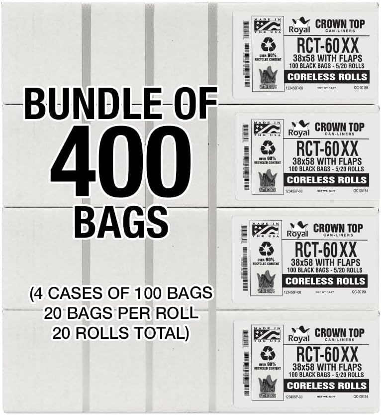 Aluf Plastics RCT-60XX Star Sealed Coreless Rolls with E-Z Tie Flap Closure, 60 gal, Polyethylene, 38' x 58', Black (Pack of 400)