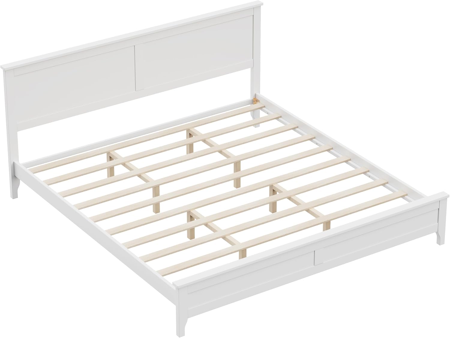 King Size Wood Bed Frame and Headboard, Modern Retro White Platform Beds Frames, Sturdy and Durable Design Mid Century Rustic Wooden Bedroom Set, No Box Spring Needed (White, King)