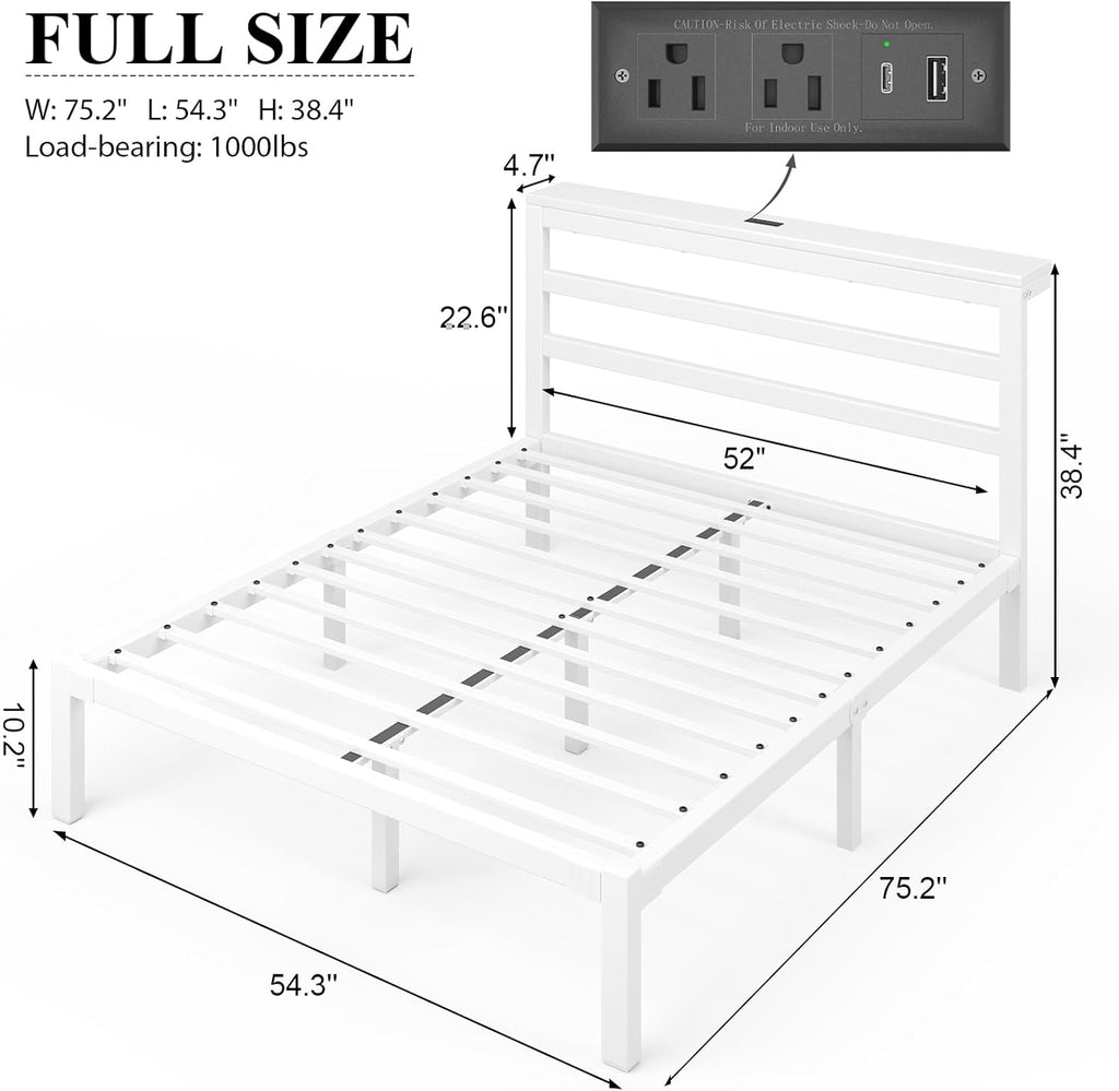 E-Motie Full Size Bed Frame with Storage Headboard, Industrial Platform Bed with Charging Station and LED Lights, Underbed Storage Space,Easy Assembly,No Box Spring Needed,Modern, White