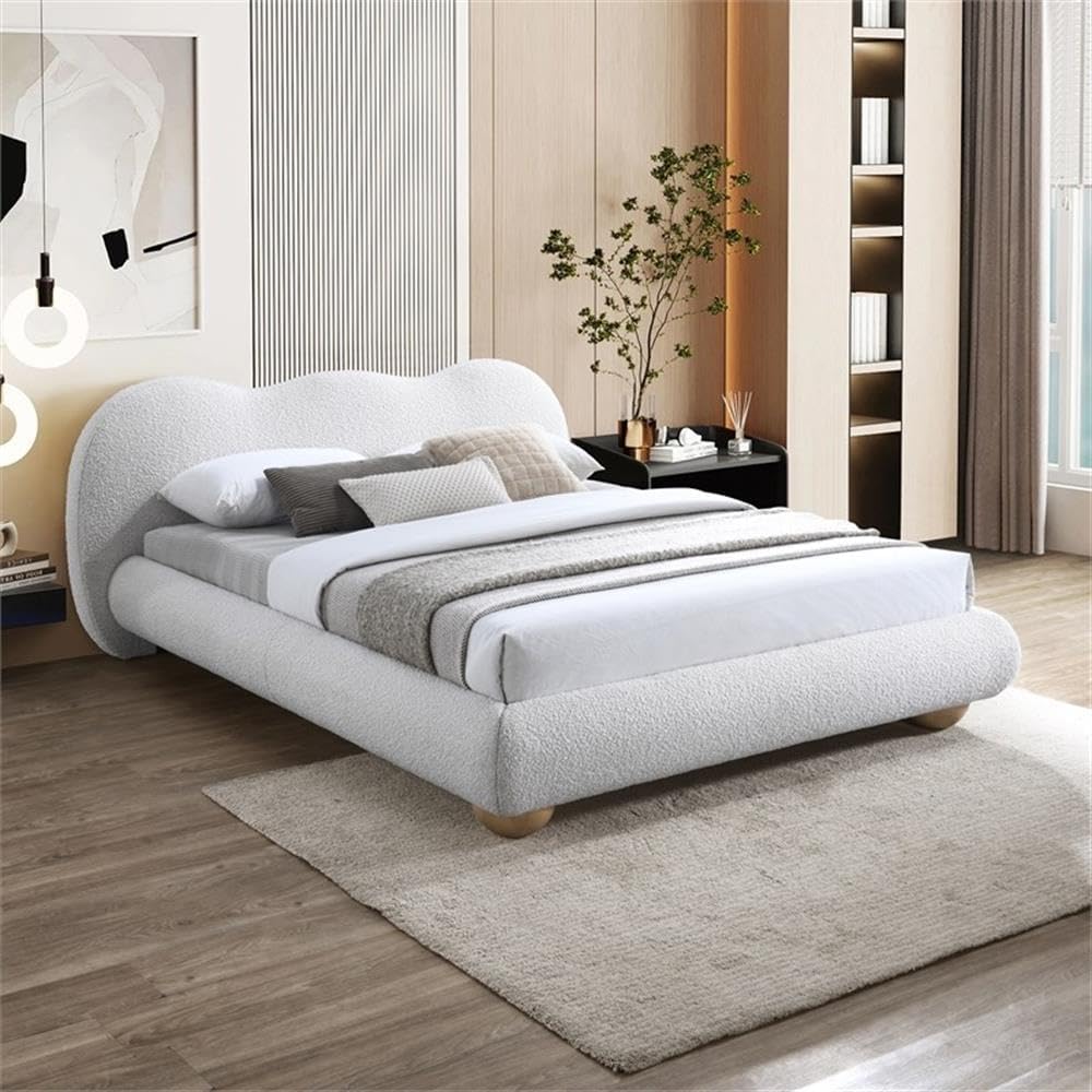 Meridian Furniture HydeCream-F Hyde Collection Modern | Contemporary Full Bed with Rich Cream Boucle Fabric, Both Natural and Black Finish Solid Wood Legs, 70.25' W x 85.5' D x 35.75' H, Cream, Full