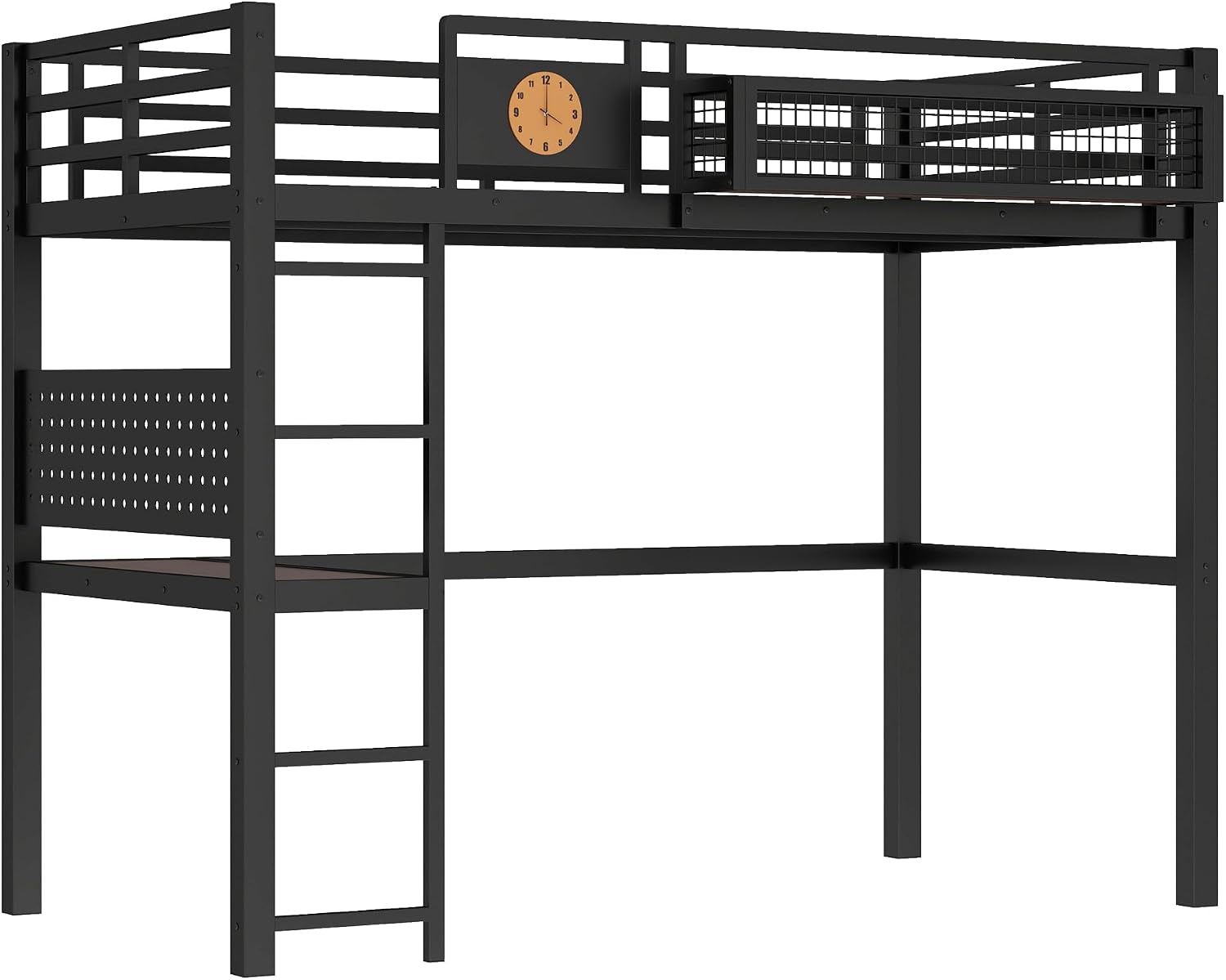 Bellemave Twin XL Size Metal Loft Bed with Desk and Side Clock,Heavy Duty Loft Bed Frame with Charging Station and Pegboard for Kids,Teens,Adults,Twin XL Size,Black