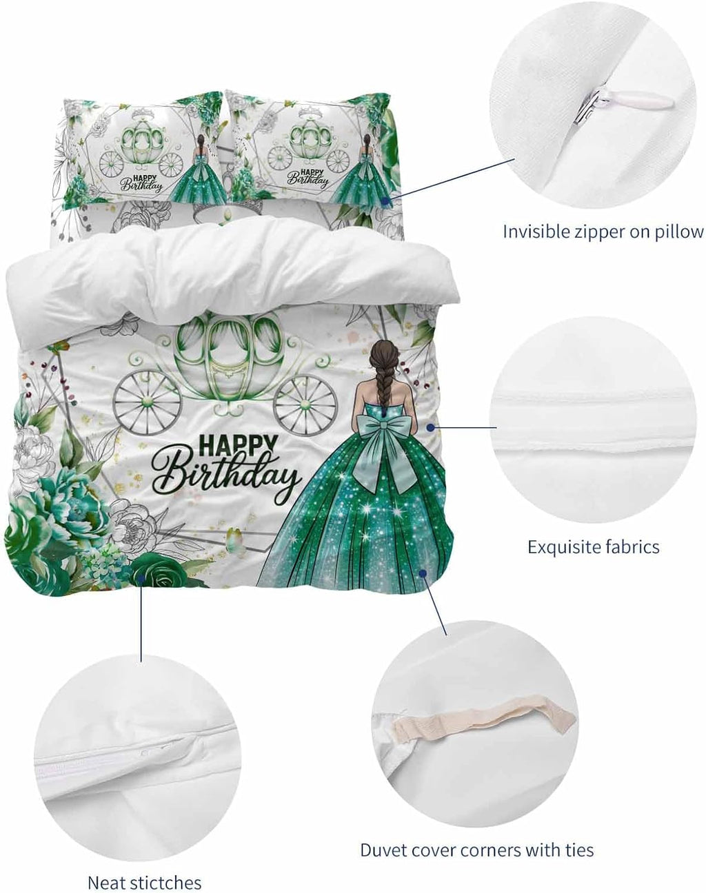 Happy Birthday Duvet Cover Full Size - 4 Pieces Bedding Set, Green Luxury Dress Crown Carriage Flowers Bedding Comforter Covers Zipper Closure, 1 Duvet Covers 1 Fitted Sheet 2 Pillow Shams