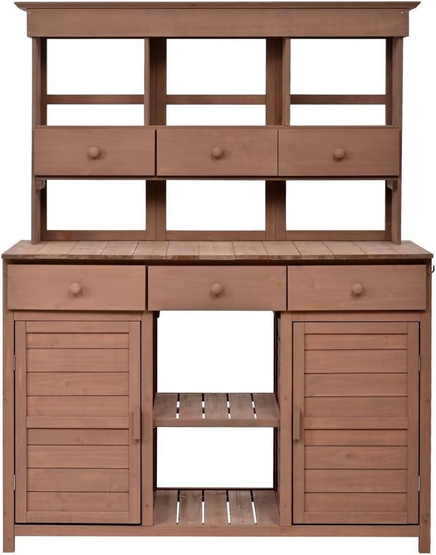 JIJIWANG 65.7'' H Tall Garden Potting Bench Table with Hutch,Patio Storage Workstation with 3 Shelves,6 Drawers,2 Bottom Cabinets&Side Hooks for Mudroom,Doorway, Brown