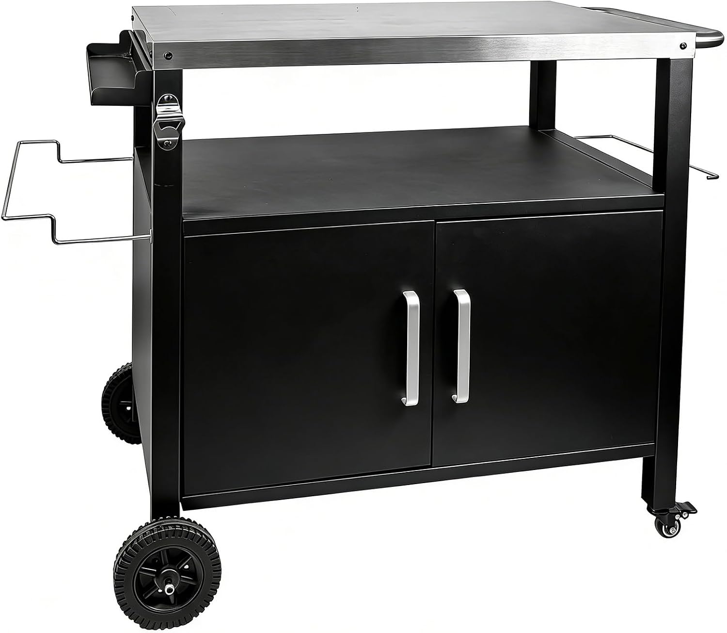 Outdoor Grill Cart with Storage, Movable Stainless Steel Kitchen Island with Wheels & Brakes, Multifunctional Food Prep Table for BBQ, Pizza Oven