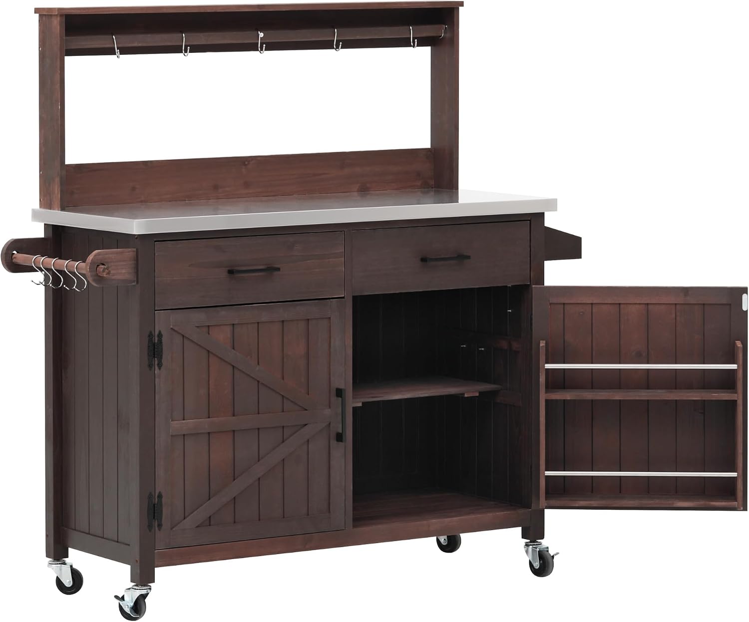 54.1' Stainless Steel Top Outdoor Kitchen Island, Solid Wood Potting Bench Table with Storage Cabinet and High Shelf, for Backyard, Patio, Garden, Brown