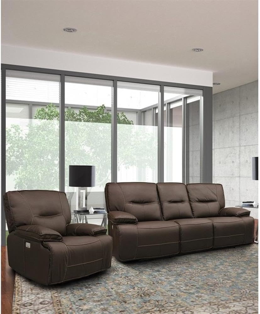 Pemberly Row Contemporary Chocolate Power Reclining Sofa and Chair Set, High-Performance Upholstery, USB Charger, Wall-Hugger Design, 88 in Sofa and 42 in Chair, Living Room Furniture