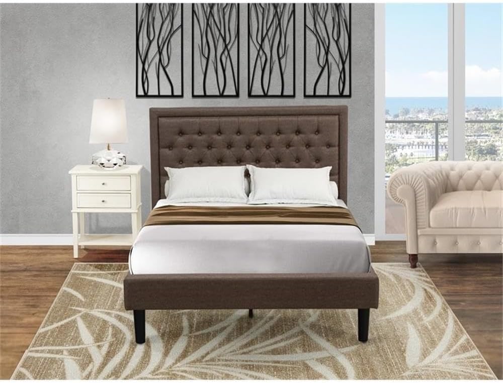 East West Furniture KD18F-1VL0C 2 Piece Wood Bedroom Set - 1 Full Bed Brown Linen Fabric Padded and Button Tufted Headboard with 1 Night Stands - Wire Brushed Butter Cream Finish Nightstand