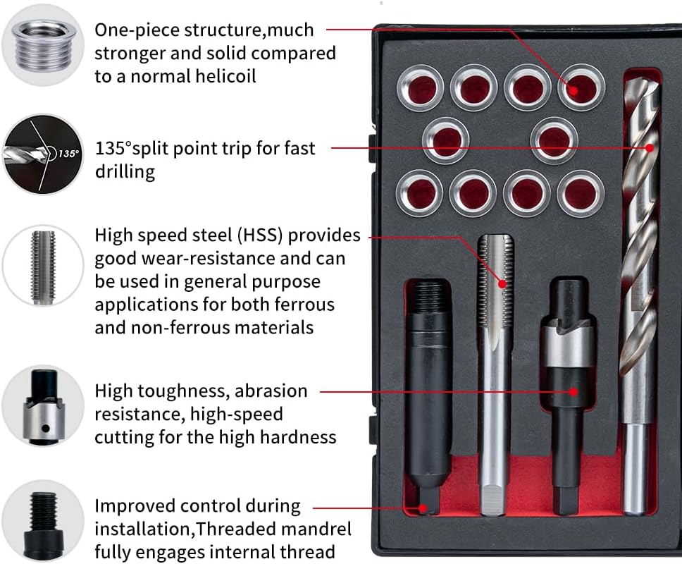 M12X1.5 Thread Repair Kit with Insert HSS Drill, Tap, Counterbore, Installation Driver, Metric, 10PCS Stainless Steel Insert M12X1.5X9.2MM