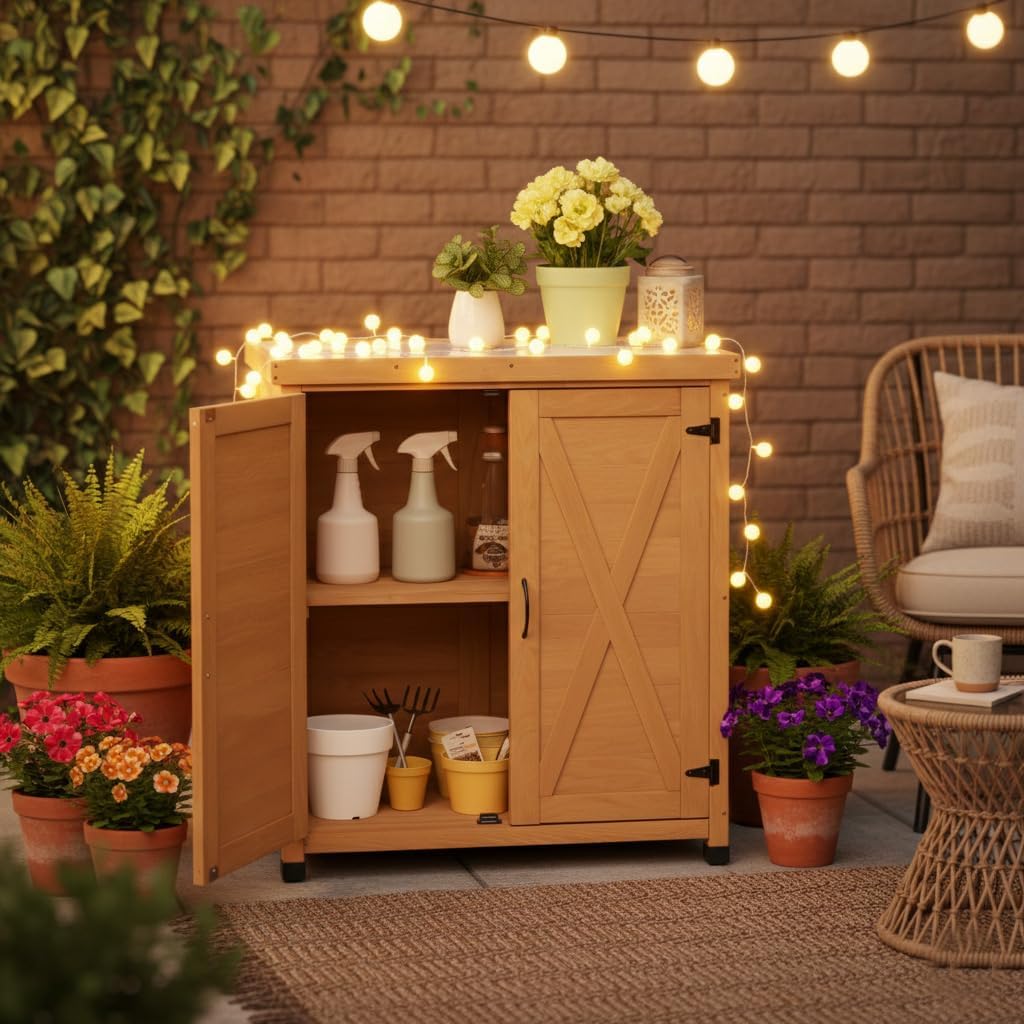 Potting Bench with Storage Cabinet and Metal Table Top for Outdoor Patio Garden Work Station Table Solid Wood X-Shape Design Light Brown