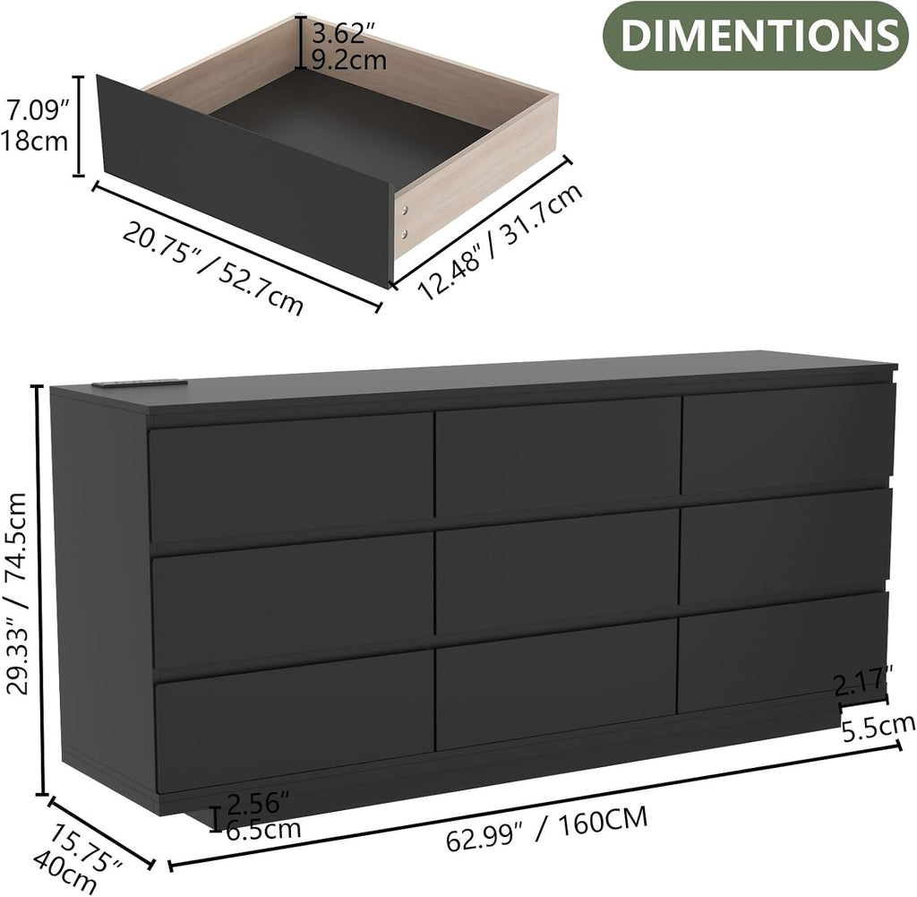 Gyfimoie 9 Drawer Dresser with Power Outlet and LED Lighting, Floating White Dresser Chest of Drawers, The Modern Organizer for Bedroom & Living Room (Black)