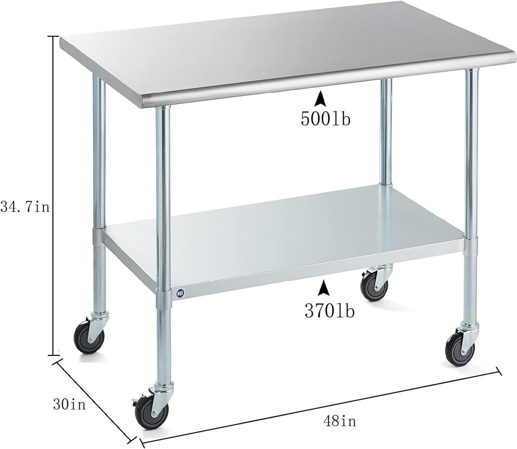 ROCKPOINT Stainless Steel Table for Prep & Work with Caster Wheels 30x48 Inches, NSF Metal Commercial Kitchen Heavy Duty Table with Adjustable Under Shelf and Table Foot for Restaurant, Home and Hotel