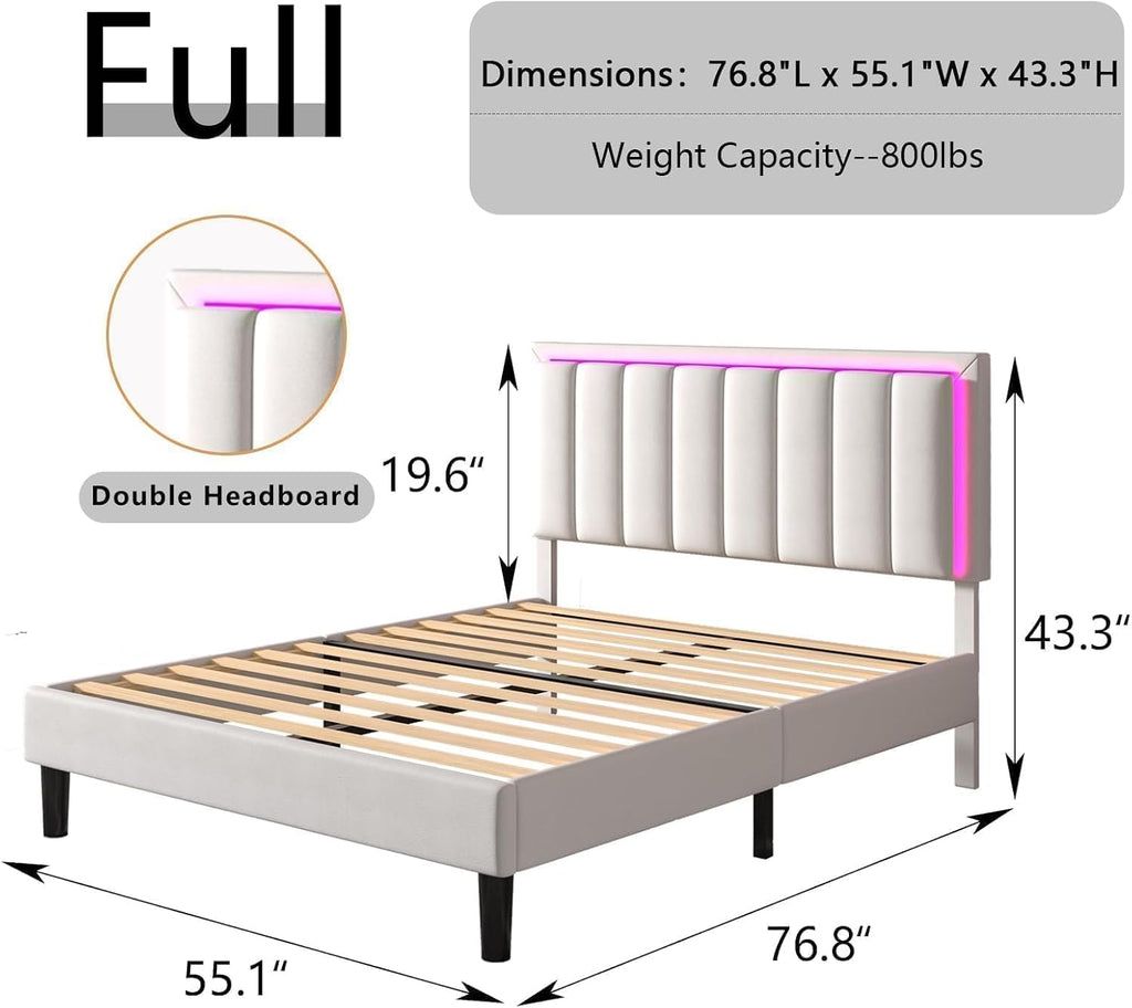 IMMERSTABLE Full Size Bed Frame with RGB LED Lights, Upholstered Platform Bed Frame with Headboard, Wood Slat Support, No Box Spring Needed, Quiet Design, Easy Assembly, White