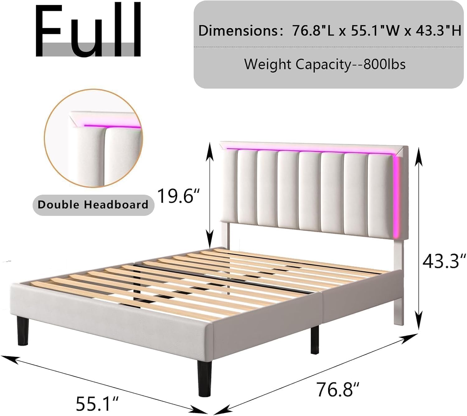 IMMERSTABLE Full Size Bed Frame with RGB LED Lights, Upholstered Platform Bed Frame with Headboard, Wood Slat Support, No Box Spring Needed, Quiet Design, Easy Assembly, White