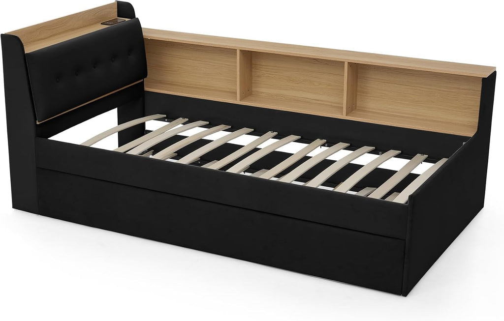 Corner Bed with Desk and Bookcase, LED Lights & USB Ports, Modern Twin to King Daybed with Pop Up Trundle, Velvet Upholstered Extendable Day Bed Kids Bedroom Furniture Set Small Places (Black, Twin)