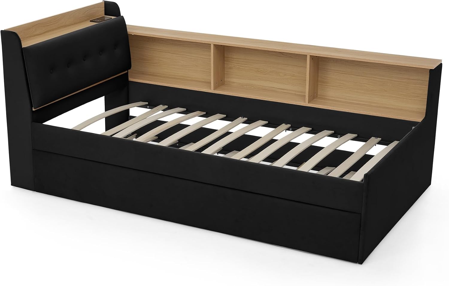 Corner Bed with Desk and Bookcase, LED Lights & USB Ports, Modern Twin to King Daybed with Pop Up Trundle, Velvet Upholstered Extendable Day Bed Kids Bedroom Furniture Set Small Places (Black, Twin)