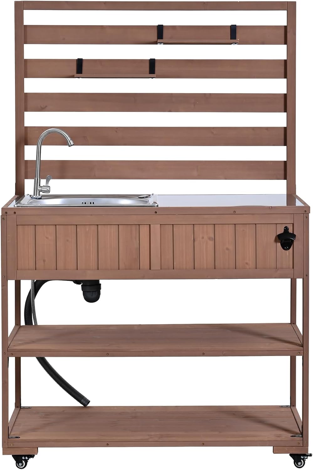 41.7'' Large Patio Rolling Kitchen Island,Solid Wood Kitchen Cart with Sink,Garden Potting Bench with Stainless Table Top,2 Movable Shelves and 1 Bottle Opener (Brown-RK)