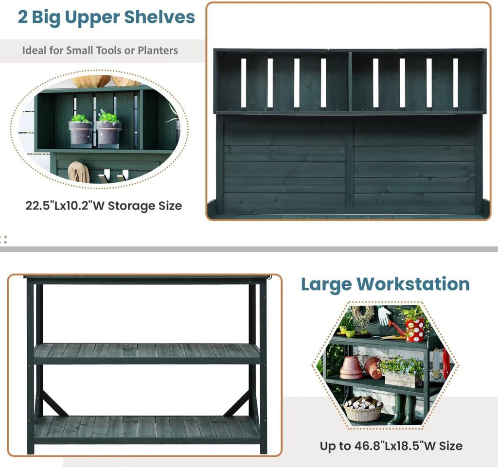JIJIWANG 65' Large Wooden Farmhouse Rustic Outdoor Potting Bench Table, Patio Workstation, Garden Potting Bench with 4 Storage Shelves and Side Hook, Forest Green