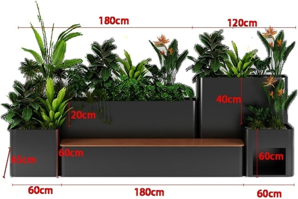 Bench with Planter Box, Large Outdoor Flowerbox with Bench, Metal Planter Box and Benchs Combination, Galvanized Sheet and Hardwood, Black Garden Bench
