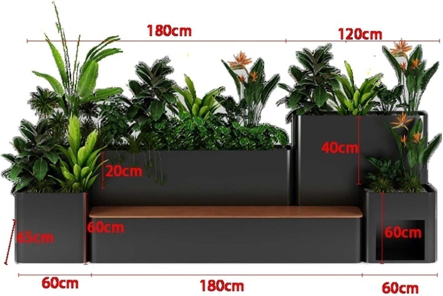 Bench with Planter Box, Large Outdoor Flowerbox with Bench, Metal Planter Box and Benchs Combination, Galvanized Sheet and Hardwood, Black Garden Bench