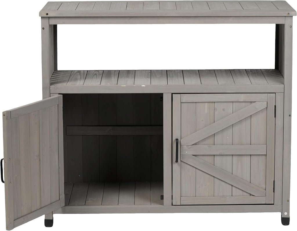 Wooden Potting Bench, Outdoor Patio Buffet Cabinet Sideboard with 2 Doors and 2 Open Shelves,Anti-Slip Foot Pads for Patio, Backyard, Garden