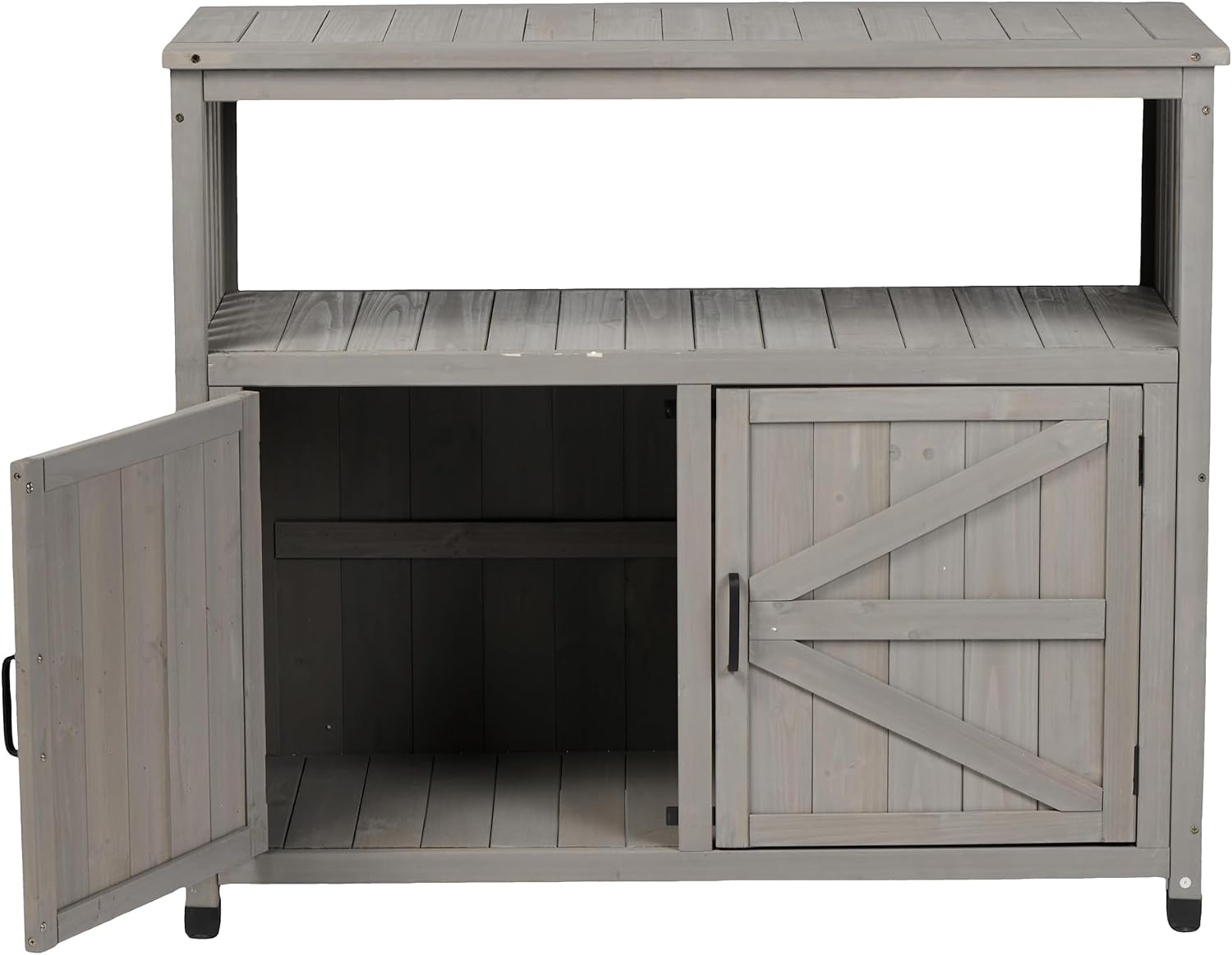Wooden Potting Bench, Outdoor Patio Buffet Cabinet Sideboard with 2 Doors and 2 Open Shelves,Anti-Slip Foot Pads for Patio, Backyard, Garden