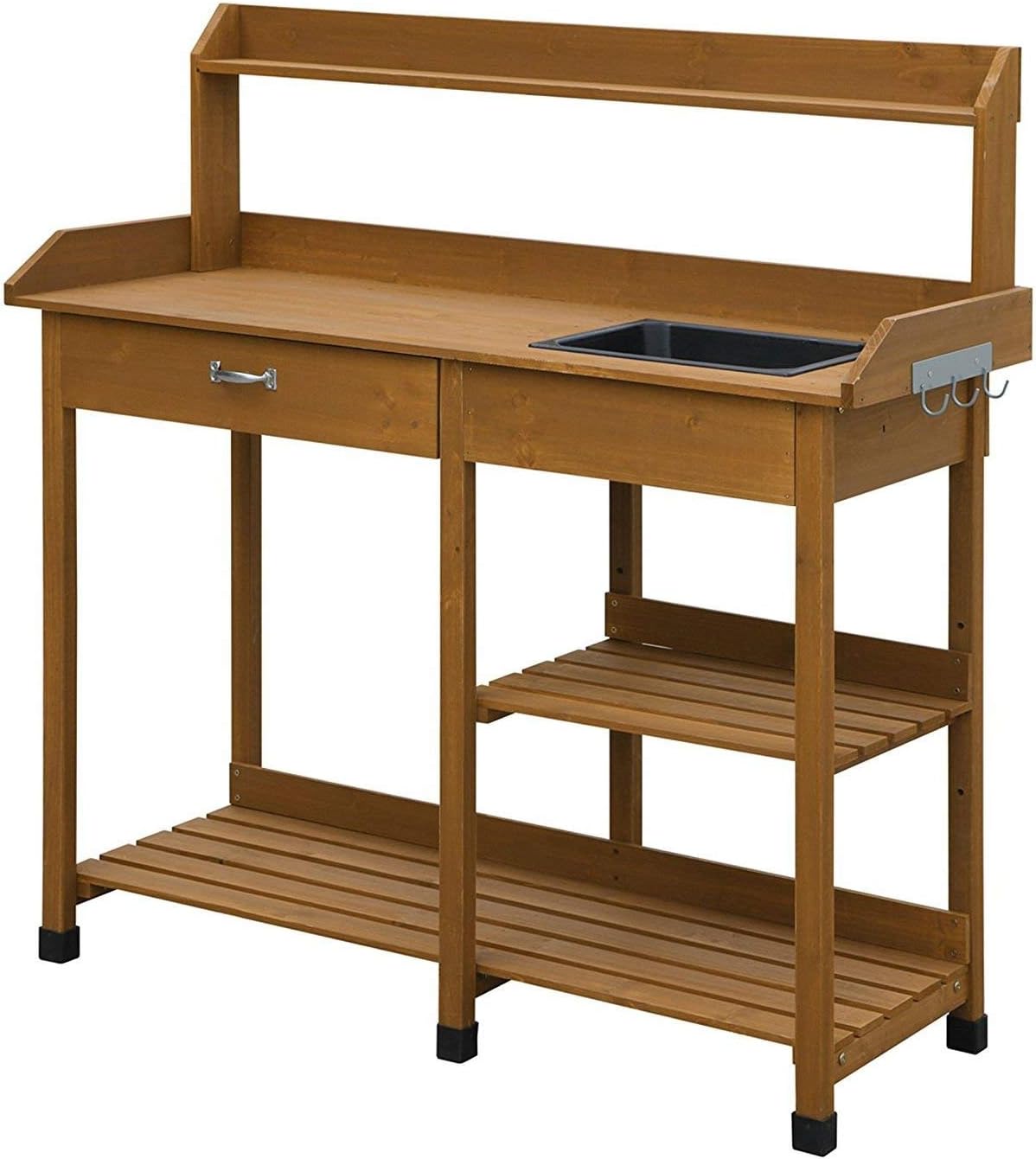 StarSun Depot Outdoor Garden Wood Potting Bench Work Table with Sink in Light Oak Finish