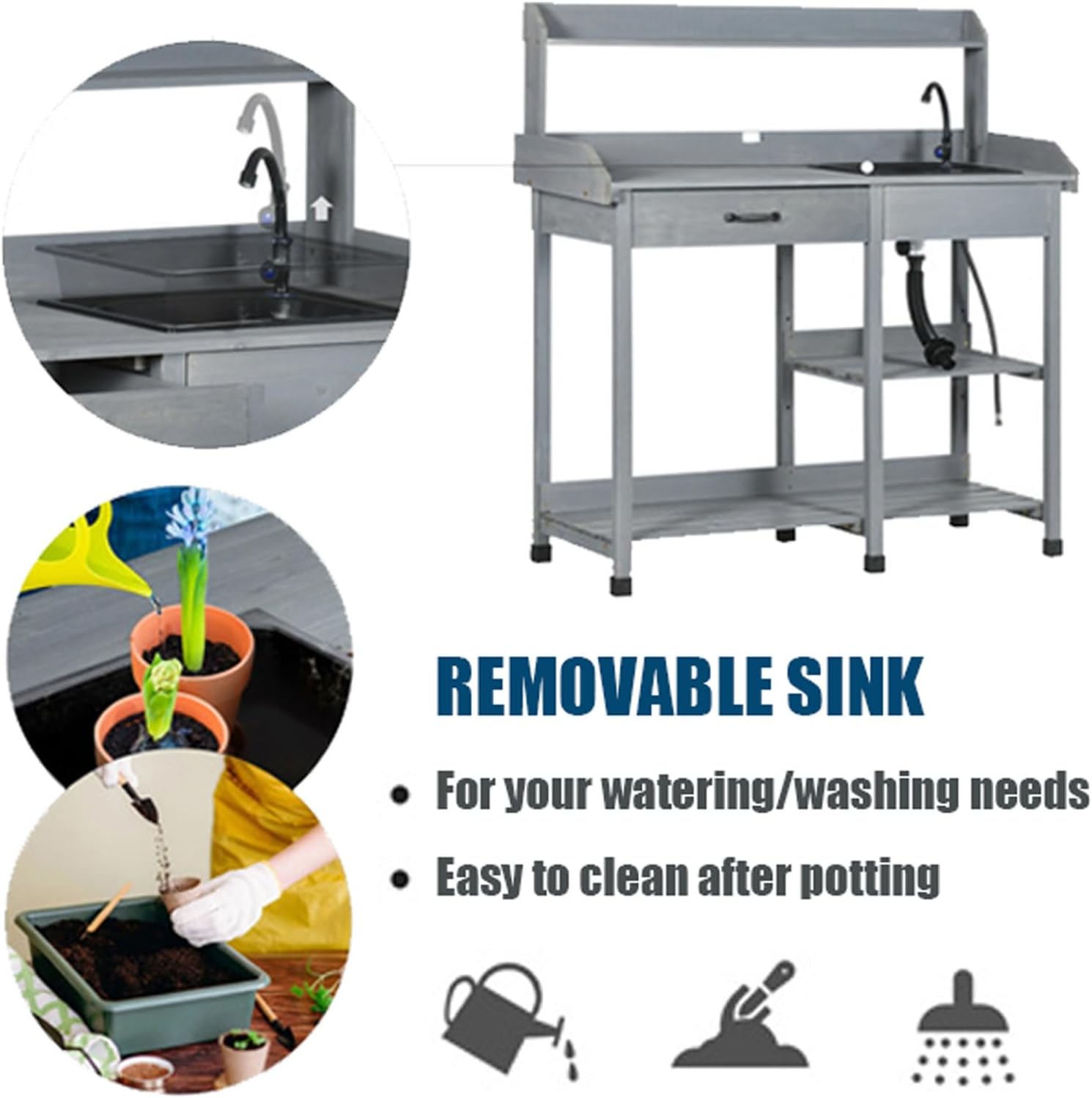 Potters Benches Table Wooden Outdoor Potting Bench Table with Removable Sink, Faucet, Drawer, Open Shelves, Hooks, Outside Lawn Patio Garden Workstation, Gray