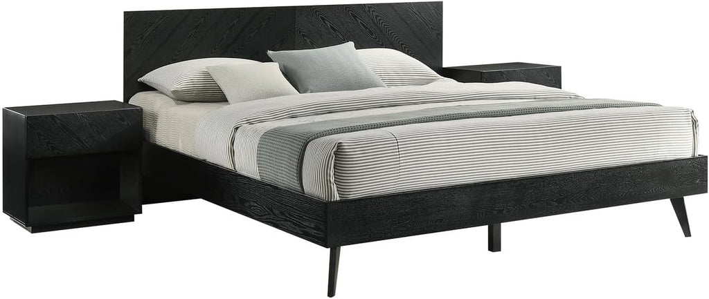 HomeStock King Wood Bedroom Set - 3 Piece Black Finish Bed Frame2 Nightstands
