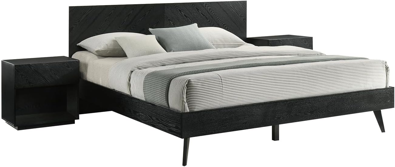 HomeStock King Wood Bedroom Set - 3 Piece Black Finish Bed Frame2 Nightstands