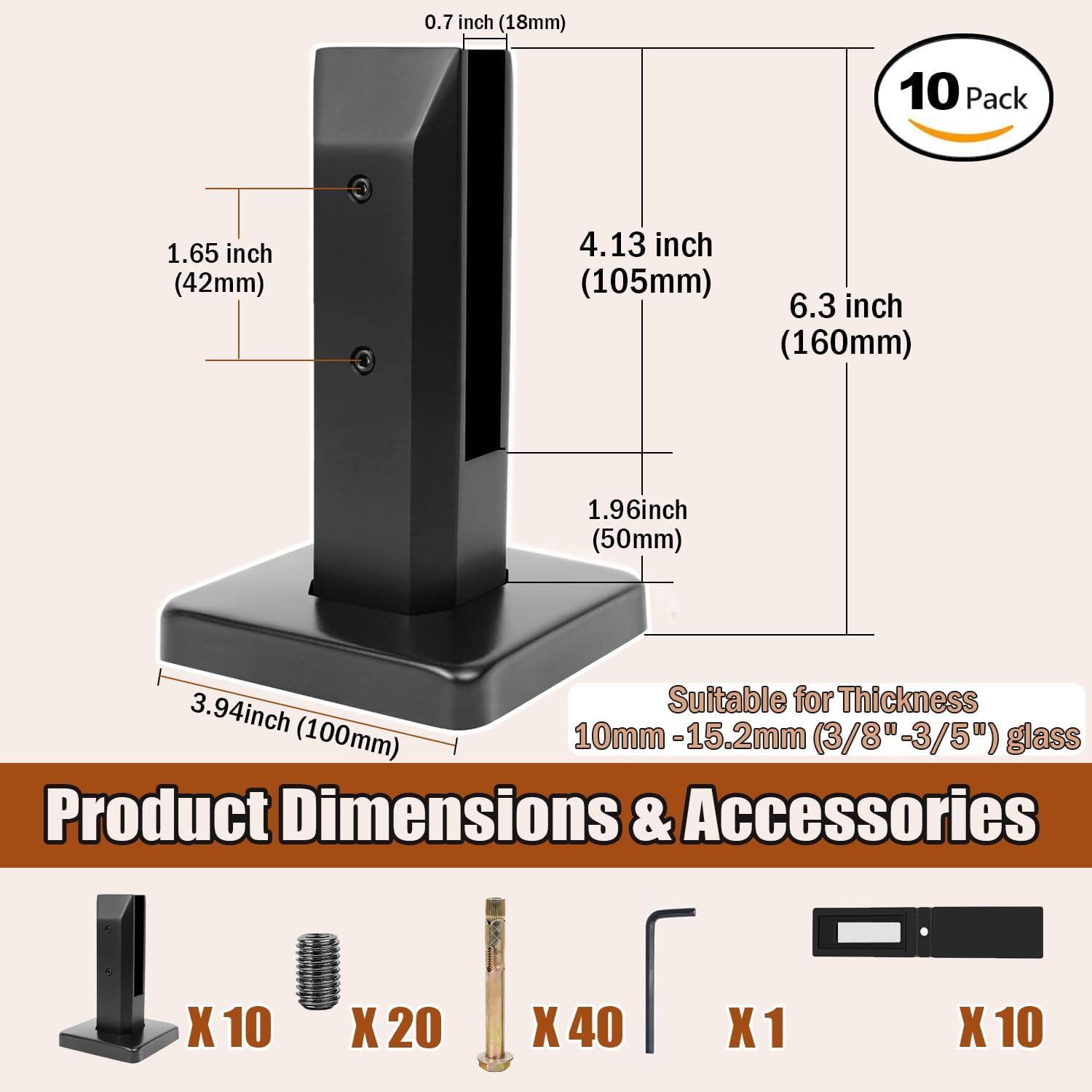 Glass Clamp Glass Standoff Rectangle Stainless Steel, Terrace Glass Fence Installation Bracket, Heavy Duty Pool Deck Fence Railing Post Garden Balcony,Black,Pack of 10