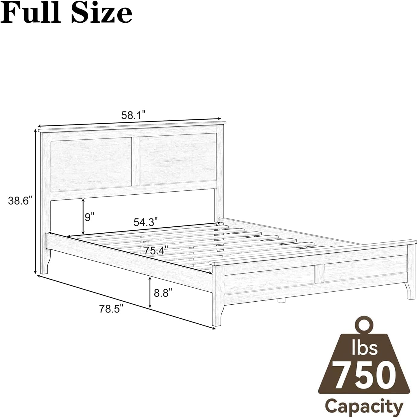 Full Size Wood Bed Frame and Headboard, Modern Retro White Platform Beds Frames, Sturdy and Durable Design Mid Century Rustic Wooden Bedroom Set, No Box Spring Needed (White, Full)
