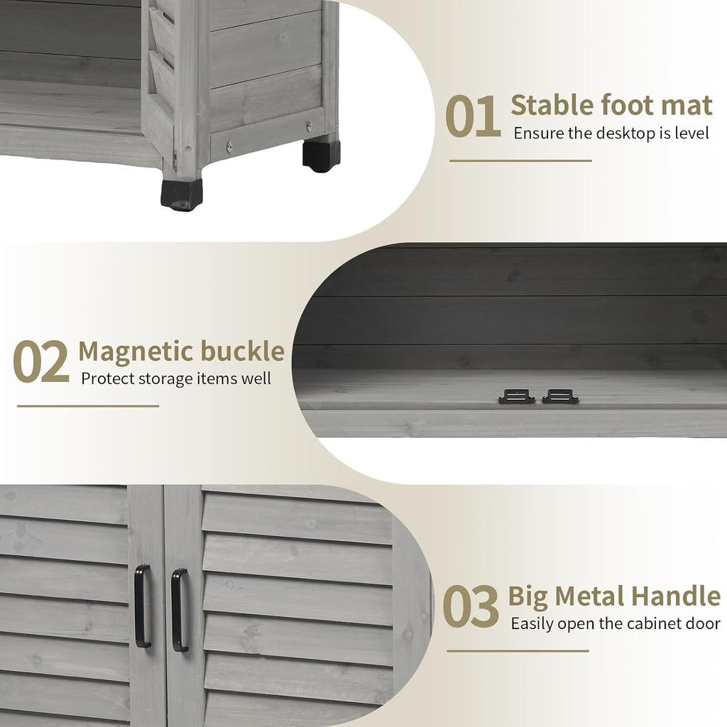 Outdoor Tool Storage Cabinet, Potting Bench with Storage Cabinet, Small Weather-Resistant Potting Table with Metal Table Top for Garden Backyard Patio, Gray