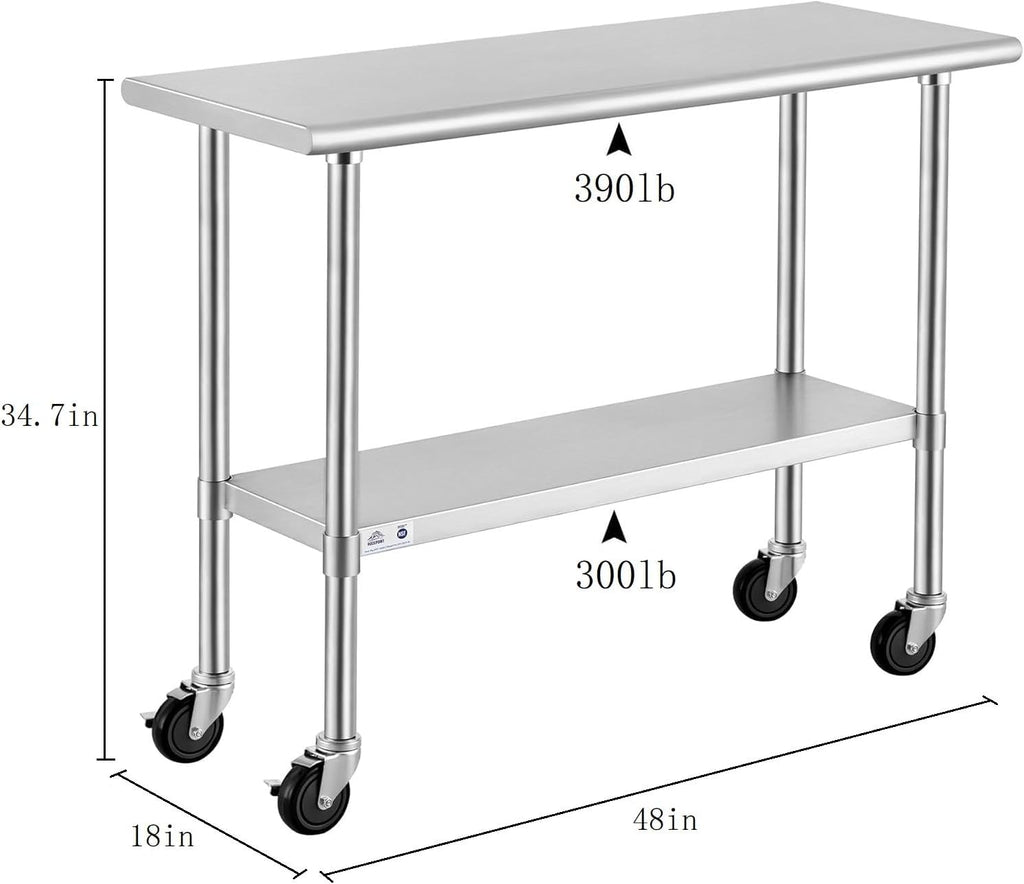 ROCKPOINT Stainless Steel Table for Prep & Work with Caster Wheels 18x48 Inches, NSF Metal Commercial Kitchen Heavy Duty Table with Adjustable Under Shelf and Table Foot for Restaurant, Home and Hotel