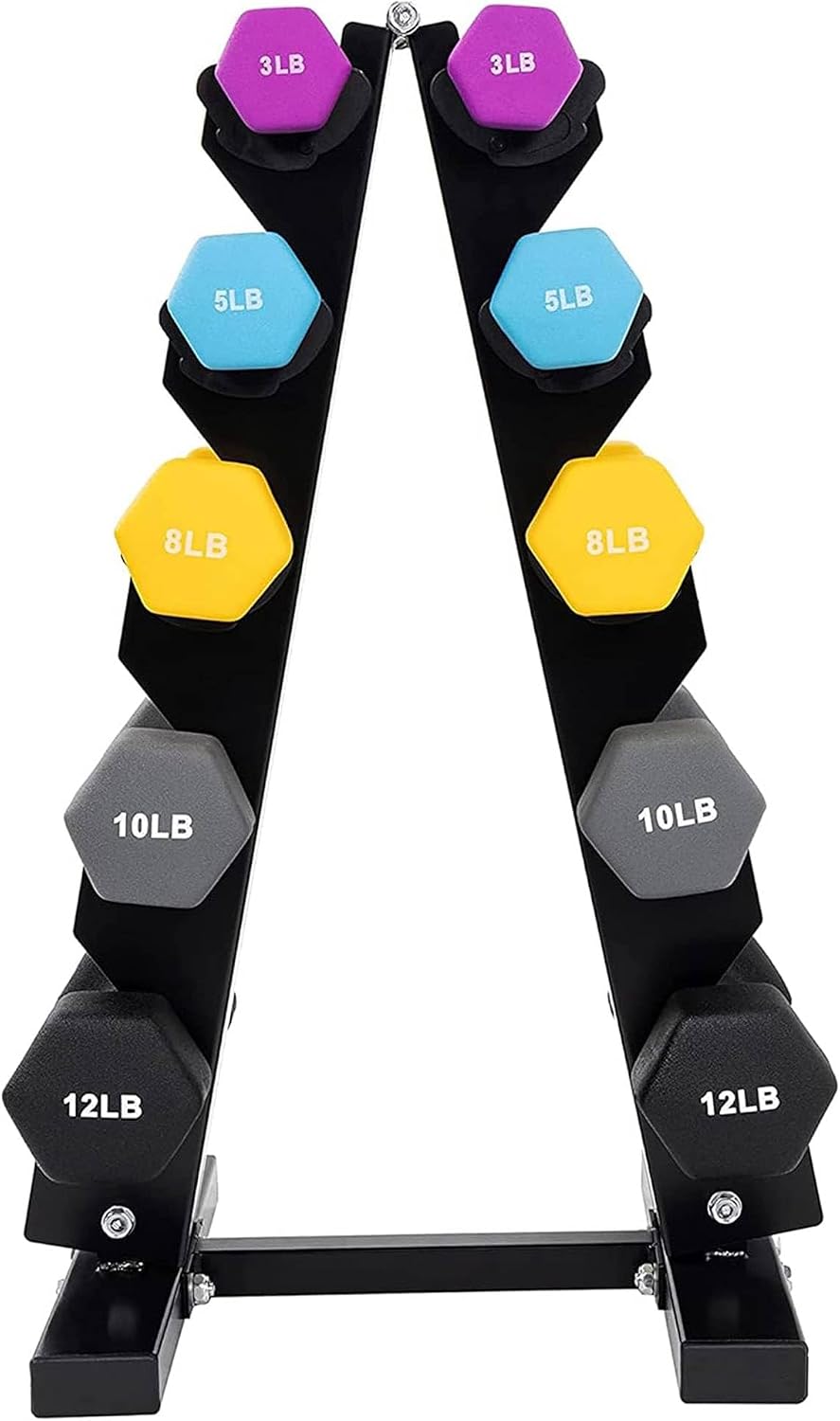 BalanceFrom Neoprene Coated Iron Dumbbell Hex Weights Set with Stand – Color-Coded or Black Options with Non-Slip Grip for Strength Training, Resistance Workouts, and Home Gym Fitness