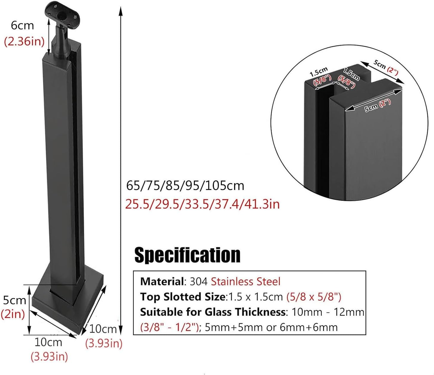 Black Glass Railing Post, End Post, Mid Post, Corner Post, 304 Stainless Steel Glass Railing Post With Socket Slot and Sturdy Base For Steps, Balconies, Staircases, Patios ( Color : Mid Post , Size :
