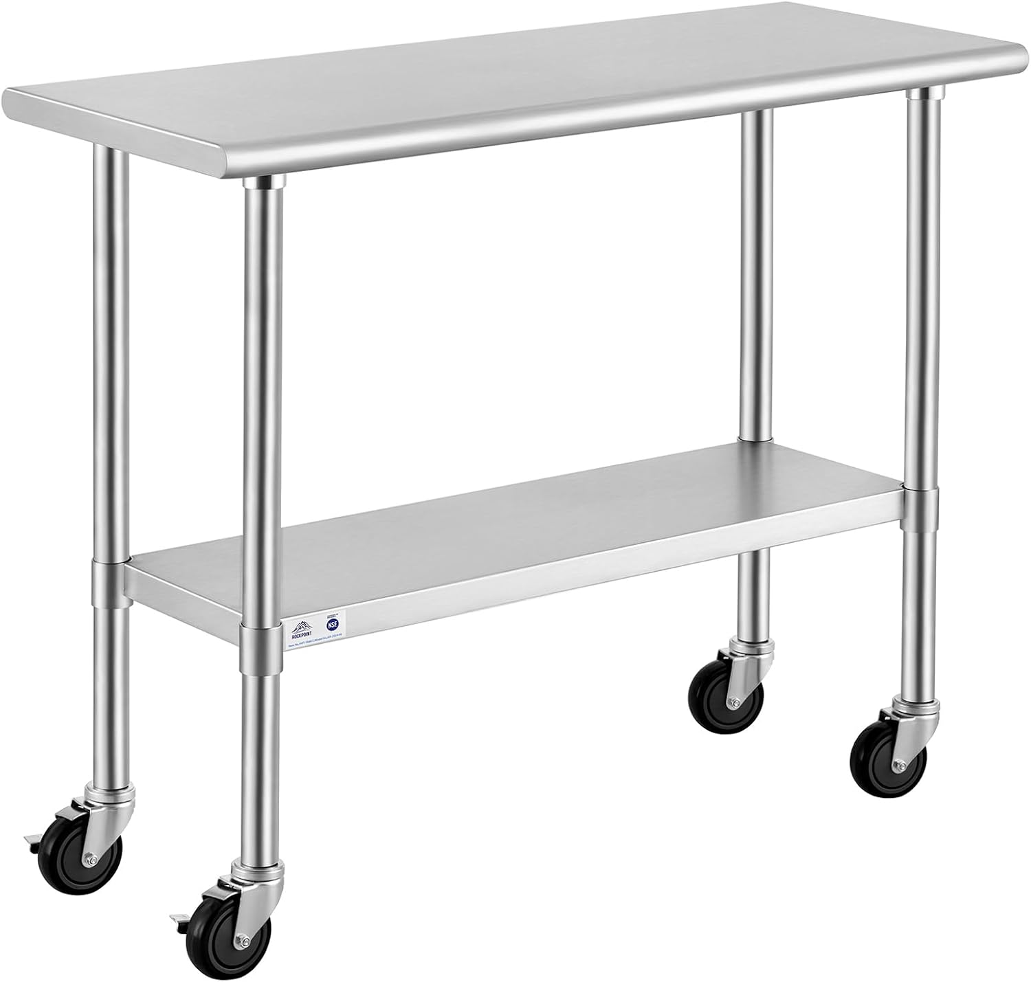 ROCKPOINT Stainless Steel Table for Prep & Work with Caster Wheels 18x36 Inches, NSF Metal Commercial Kitchen Heavy Duty Table with Adjustable Under Shelf and Table Foot for Restaurant, Home and Hotel