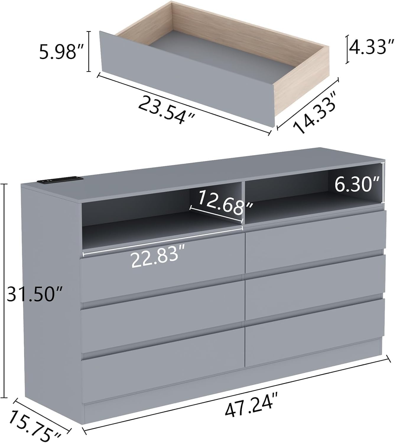 Gyfimoie 6 Drawer Dresser with Power Outlet, Modern Black Dresser Chest of Drawers with LED Ligh, Wooden Dressers TV Stand, Double Wide Dressers Organizer for Bedroom, Living Room, Entryway, Grey