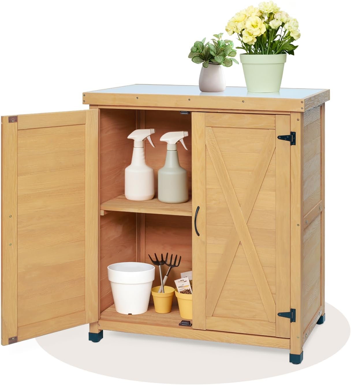Potting Bench with Storage Cabinet and Metal Table Top for Outdoor Patio,Outdoor Work Station Table